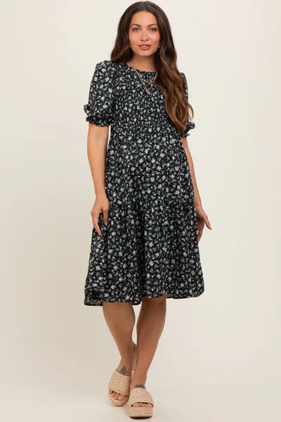 PinkBlush Black Floral Smocked Maternity Midi Dress