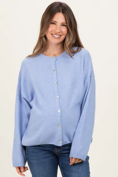 PinkBlush Light Blue Classic Crew Neck Maternity Button Cardigan