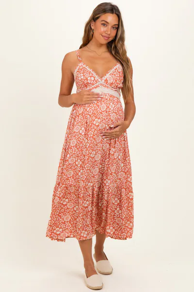 PinkBlush Creamsicle Floral V-Neck Lace Trim Maternity Maxi Dress