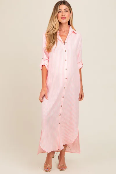 PinkBlush Pink Striped Button Down Maternity Maxi Dress