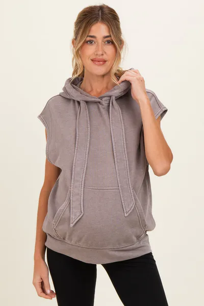 PinkBlush Mocha Mineral Wash Sleeveless Maternity Hoodie