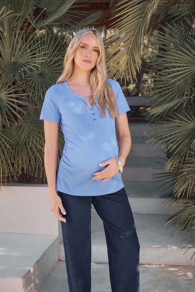 Yours Clothing LTS Tall Premium Maternity Blue Cotton Placket Button T-Shirt