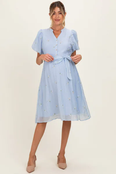 PinkBlush Blue Floral Embroidered Tie Waist Maternity Dress