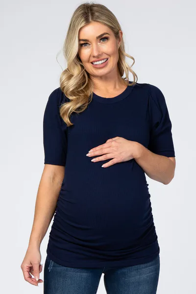 PinkBlush Navy Ribbed Ruched Fitted Maternity Top