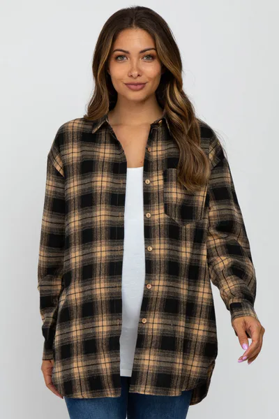 PinkBlush Taupe Black Plaid Button Down Maternity Top