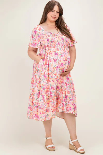 PinkBlush Coral Plus Sweetheart Flutter Sleeve Floral Maternity Maxi Dress