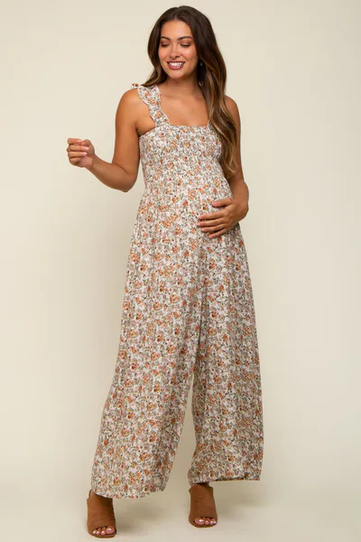 PinkBlush Beige Sleeveless Floral Smocked Ruffle Maternity Jumpsuit