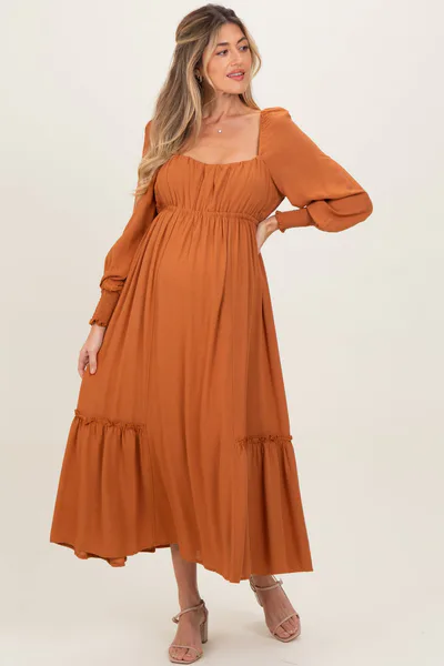 PinkBlush Rust Square Neckline Bubble Sleeve Maternity Maxi Dress
