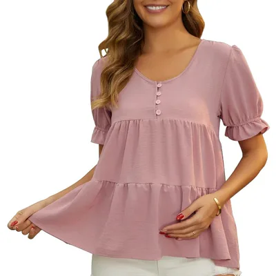 Target INSPIRE CHIC Women's Maternity Blouses Boho Ruffled V Neck Button Short Sleeve Tiered Shirts Flowy Casual Tops Medium Pink