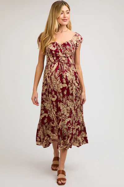 PinkBlush Burgundy Tropical Print Smocked Short Sleeve Maternity Maxi Dress