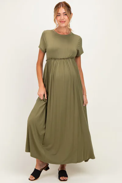 PinkBlush Olive Ruffle Trim Maternity Maxi Dress