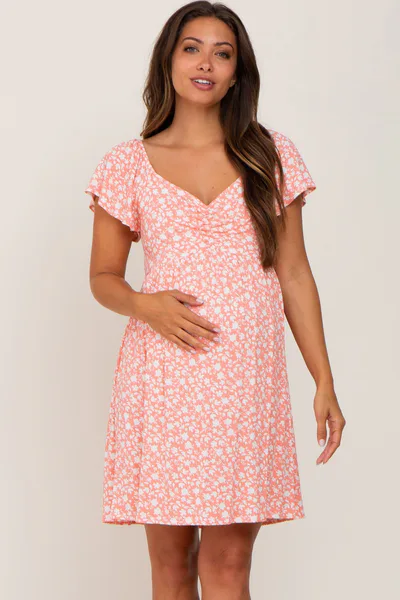 PinkBlush Coral Floral Ribbed Sweetheart Neck Ruched Front Maternity Dress