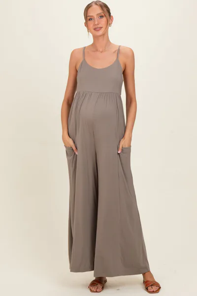 PinkBlush Moss Brown Sleeveless Wide Leg Maternity Jumpsuit