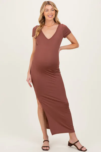 PinkBlush Brown Basic Ribbed Side Slit Maternity Midi Dress