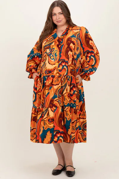 PinkBlush Peach Paisley V-Neck Long Sleeve Tiered Maternity Plus Maxi Dress