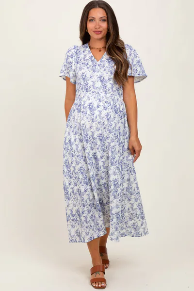 PinkBlush Blue Floral Button Up Tiered Maternity Midi Dress