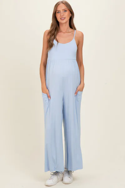 PinkBlush Mist Blue Sleeveless Wide Leg Maternity Jumpsuit