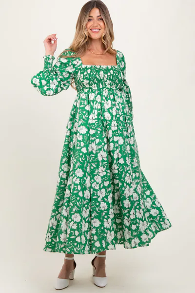 PinkBlush Green Smocked Cotton Floral Maternity Maxi Dress