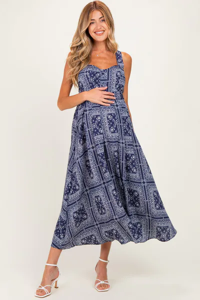 PinkBlush Navy Bandana Print Crisscross Back Maternity Midi Dress