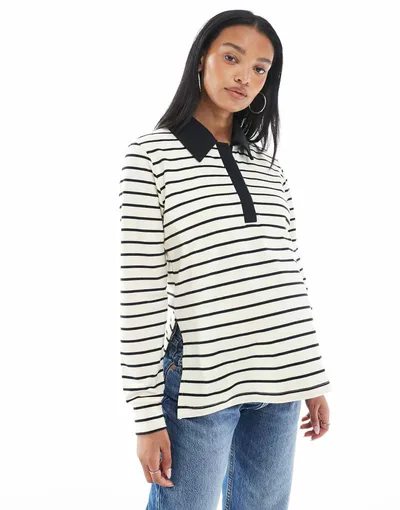 ASOS Mamalicious Maternity nursing friendly rugby top in cream and black stripes
