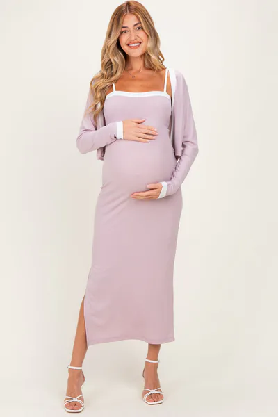 PinkBlush Light Pink/ White Color Block Sleeveless Fitted Dress Maternity Cardigan Set