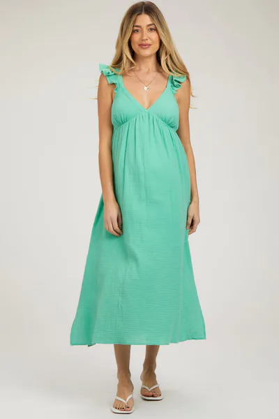 PinkBlush Mint Green Ruffle Strap Maternity Midi Dress