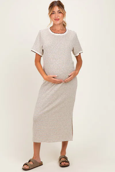 PinkBlush Cream Striped Knit Scallop Accent Maternity Maxi Dress