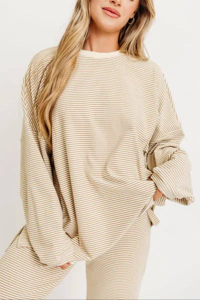 Worth Collective Naomi Striped Oversized Fleece Long Sleeve Top in Beige - Bump Friendly