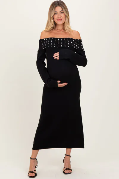 PinkBlush Black Faux Pearl Detail Off Shoulder Maternity Sweater Dress