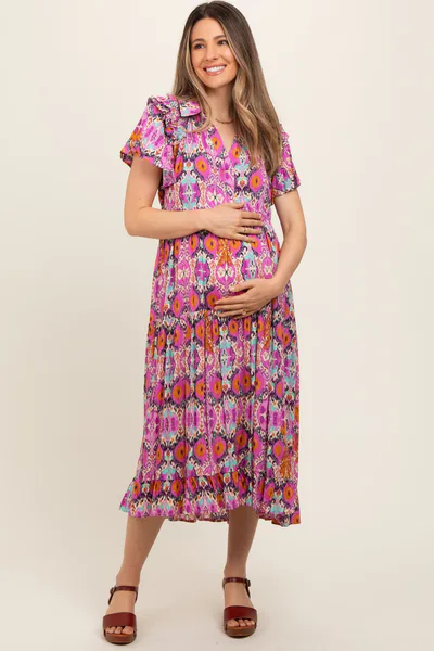 PinkBlush Magenta Print Ruffle Accent Maternity Midi Dress