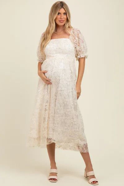 PinkBlush Cream Floral Mesh Overlay Tie Back Maternity Midi Dress