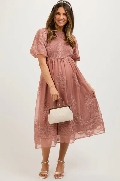 PinkBlush Mauve Floral Lace Smocked Maternity Midi Dress