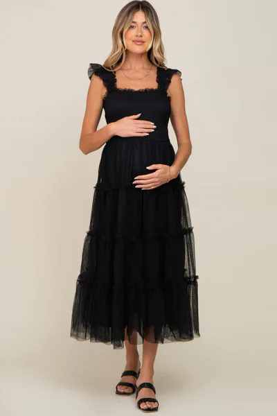 PinkBlush Black Smocked Mesh Ruffle Accent Maternity Midi Dress