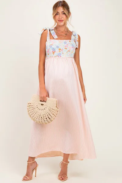 PinkBlush Pink Striped Sleeveless Smocked Floral Maternity Maxi Dress