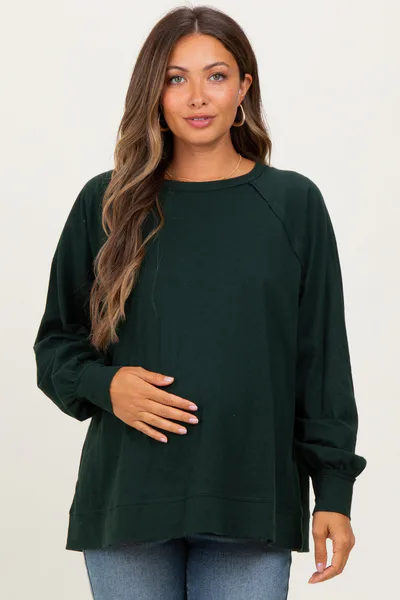PinkBlush Forest Green Oversized Cotton Slub Long Sleeve Maternity Top