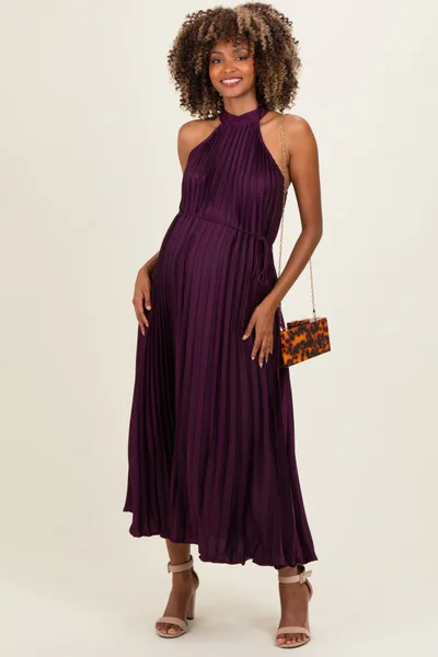 PinkBlush Purple Pleated Maternity Halter Dress