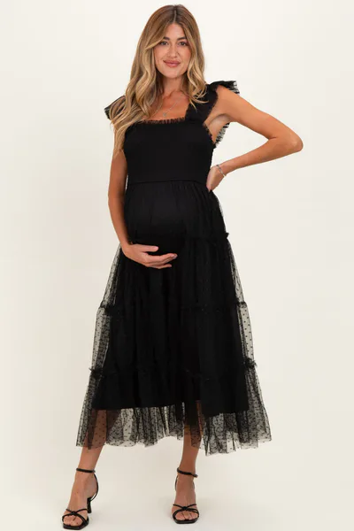 PinkBlush Black Smocked Polka Dot Tulle Maternity Midi Dress
