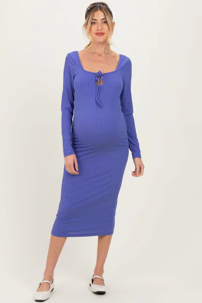 PinkBlush Blue Ribbed Long Sleeve Squareneck Fitted Maternity Midi Dress