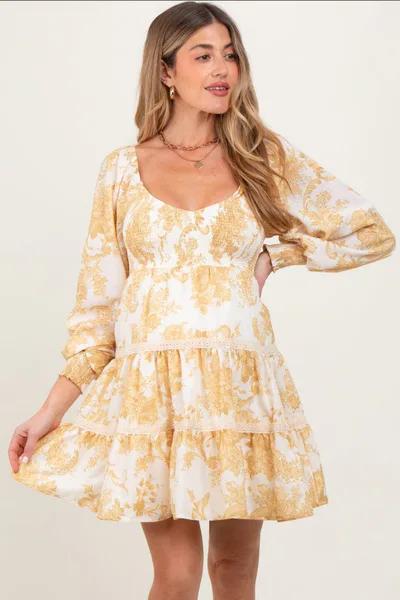 PinkBlush Yellow Floral Smocked Bubble Sleeve Tiered Maternity Dress