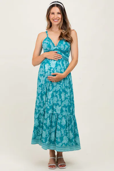 PinkBlush Teal Floral V-Neck Lace Trim Maternity Maxi Dress