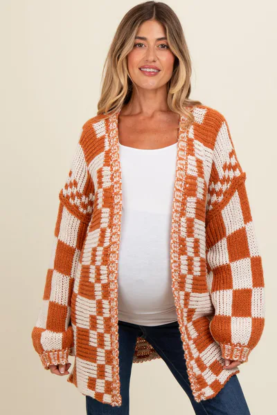 PinkBlush Rust Mixed Check Pattern Chunky Maternity Cardigan