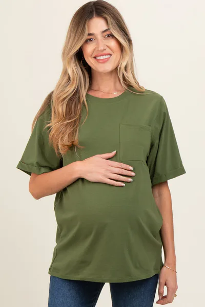 PinkBlush Light Olive Pocket Front Short Sleeve Maternity Top