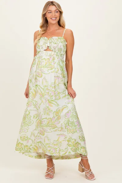 PinkBlush Green Cream Elegant Floral Maternity Maxi Dress