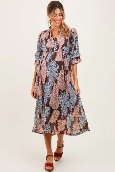 PinkBlush Brown Floral Chiffon Front Tie Maternity Midi Dress