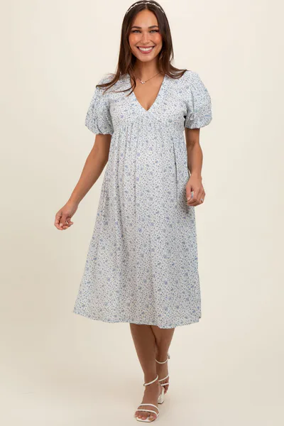 PinkBlush Light Blue Floral Puff Sleeve Maternity Midi Dress