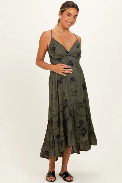 PinkBlush Olive Floral V-Neck Tiered Hi-Lo Maternity Dress