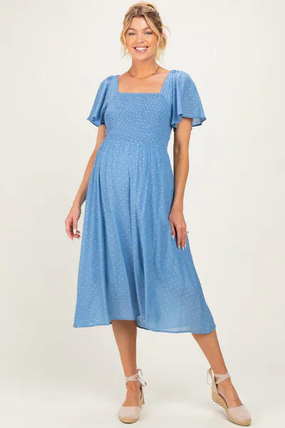 PinkBlush Blue Polka Dot Smocked Maternity Midi Dress