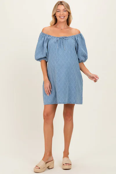 PinkBlush Light Blue Chambray Jacquard Puff Sleeve Maternity Mini Dress