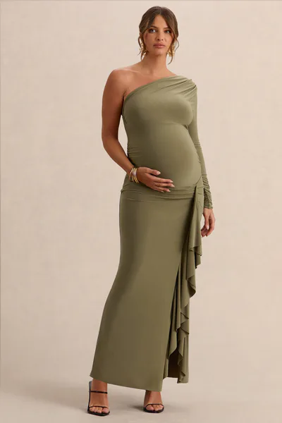 Club L London Drusilla | Olive Asymmetric-Neck Maternity Maxi Dress With Gathered Detailing