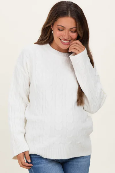 PinkBlush Ivory Braid Knit Pattern Soft Fluffy Maternity Sweater Top